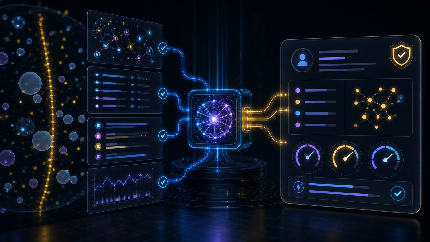 Close-up verified blockchain data blocks feeding into a clean reasoning summary card