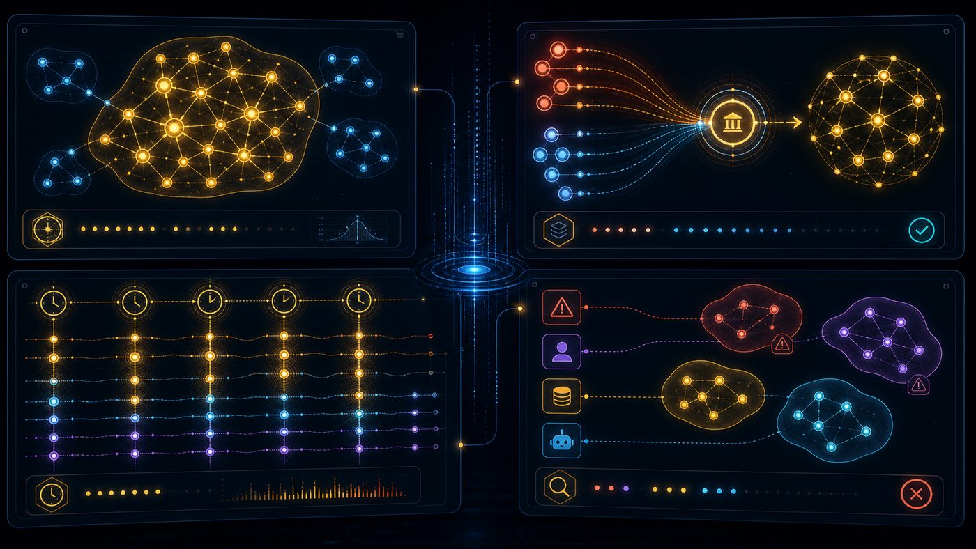 Close-up forensic board showing cluster shape, shared funding, KOL timing, and infrastructure labels