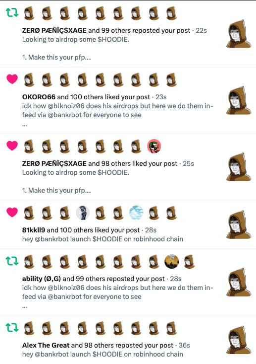 X notifications: hundreds of hoodie-PFP accounts liking and reposting $HOODIE airdrop posts within seconds